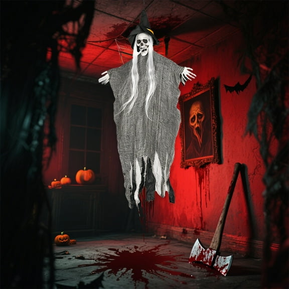 Halloween Hanging Skeleton Ghost Witch with Hat, 37"Haunted House Scene Prop for Halloween Room Decoration, Creepy Grim Reaper Decorations for Halloween Hanging Decorations Indoor Outdoor Yard