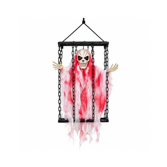 Halloween Hanging Skeleton Ghosts Scary Decor , Lighted Prisoner In Cage Halloween Hanging Decoration, Animated Skull Decorations,Hanging Skull Cage Prisoner Decor with Scary Sound Light Up Eyes