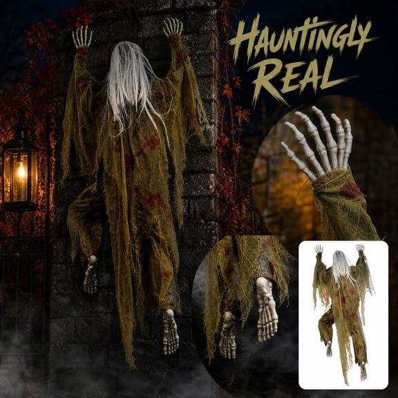 Halloween Hanging Skeleton Prop Long White Hair 51.18 Inch Crawling Zombie Decor, Extended Arms Create Frightening Display, Haunted House Yard Decor for Tree Porch Window Escape Room Party