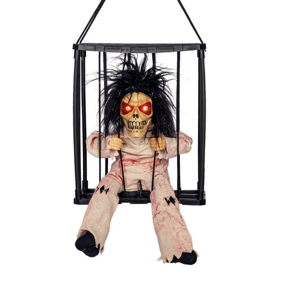 Halloween Hanging Skeleton Prop, White Glowing Red Eyes Skull Caged, 9 Inch Motion Activated Shaking Scary Decor for House Porch
