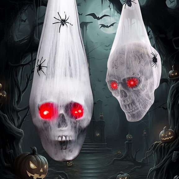 Halloween Hanging Skull Decorations with Light Up Eyes and Spider Web Indoor Outdoor 2 Pack