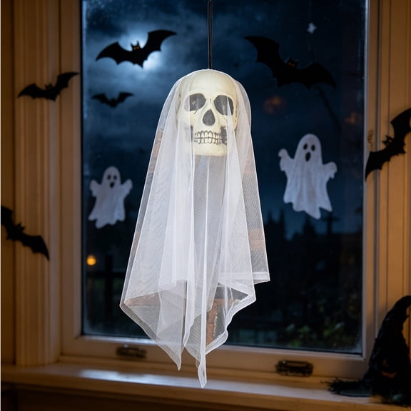 Halloween Hanging Skull Ghost Decor, 23.6in Creepy Gauze Skeleton Head Pendant, Spooky Hanging Prop for Front Door Window Mantel Bar Indoor Outdoor Halloween Party Scene Decor