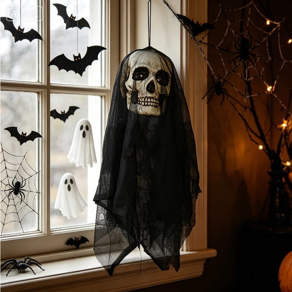Halloween Hanging Skull Ghost Decor, 23.6in Creepy Gauze Skeleton Head Pendant, Spooky Hanging Prop for Front Door Window Mantel Bar Indoor Outdoor Halloween Party Scene Decor