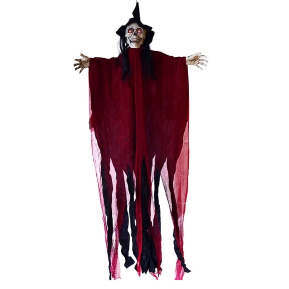 Halloween Hanging Skull Ghost Props with Flashing Red Eyes,Voice Controlled Glowing Halloween Hanging Ghost, Halloween Hanging Sounds Grim Reaper Props for Indoor,Outdoor,Haunted House,Yard