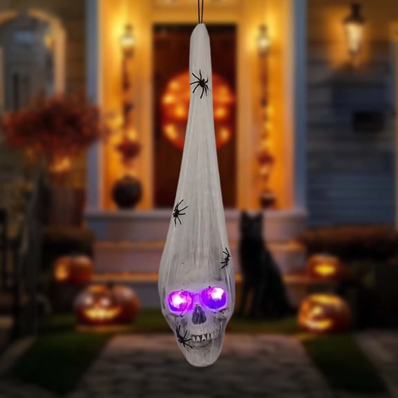 Halloween Hanging Skull with Light Up Eyes and Artificial Spiders, Battery Operated LED Skull with Spiderweb Decor for Haunted House Indoor Outdoor Party Display
