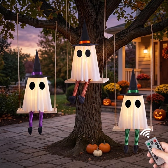 Halloween Hanging Swing Ghost Decor, Spooky Ghost Decorations for Outdoor | Set of 3, Timer Function, Remote Control, Waterproof, Solid Wood, 29.5Inches Height