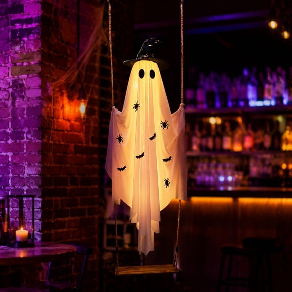 Halloween Hanging Swing Ghost Decor with Witch Hat, 6FT Light Up Ghost String Lights with Spiders Bats Print, Glowing Ghost Ornament for Front Porch Tree Yard Garden Outdoor Decor