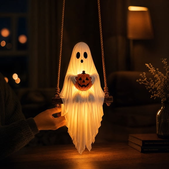 Halloween Hanging Swing Ghost LED Light Decor with Remote Control, Tulle Ghost Holding Pumpkin Lantern Lamp, Warm Glow Spooky Hanging Ornament