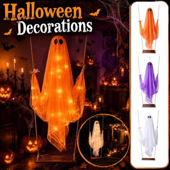 Halloween Hanging Swing Ghost with LED Lights, Gothic Spooky Gauze Flying Phantom Cloche Lamp, Light Up Ghostly Floating Yard Skeleton Apparel Ornament for Tree Front Door Porch Garden Party Decor