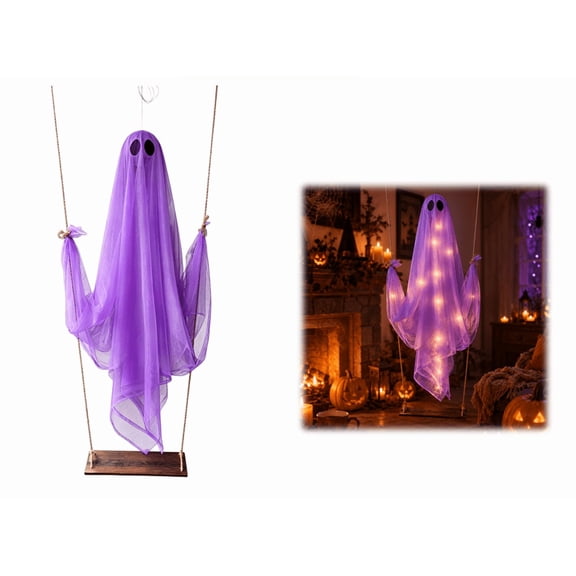 Halloween Hanging Swing Ghost,Lighted Hanging Screaming Spooky Ghost with LED Lights Battery Operated Cloth Ghost Decor for Front Porch Yard Garden (Purple)