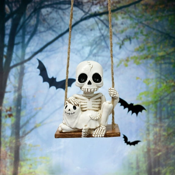 Halloween Hanging Swing Skeleton ,Skeleton Hugging Cat On Swing Decorations,Skeleton Hugging Cat On Swing, Cute Skull Figurine Resin Sculpture Funny Tree Hanging Ornaments for Patio Lawn Yard