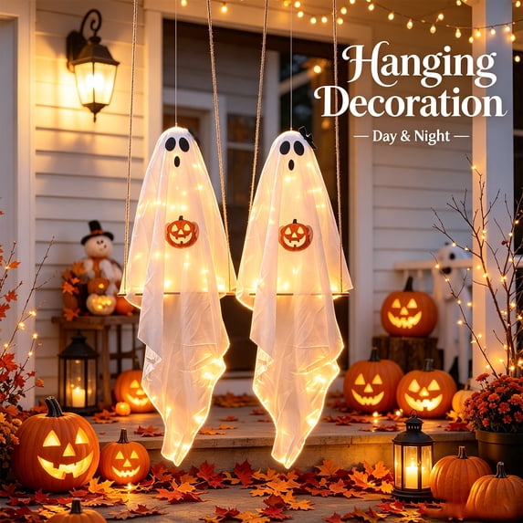 Halloween Hanging Swinging Ghost Holding Pumpkin Decoration, Battery Operated Outdoor Prop for Garden, Patio, and Yard Seasonal Party Decor, 1Pack A
