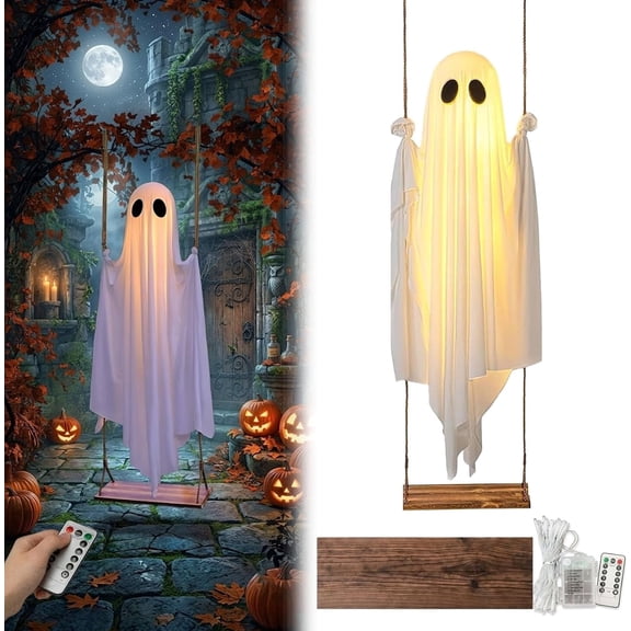 Halloween Hanging Swinging Ghost Outdoor Decor with Remote Control Upgraded Suitable for Seated Use, Adjustable Height Hanging for Tree Porch Yard Garden Decorate