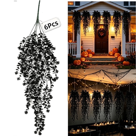 Halloween Hanging Vines Decoration Set for Porch and Ceiling, 6 Pack Black Rattan Ornaments, Flexible Indoor Outdoor Spooky Party Props for House Decor
