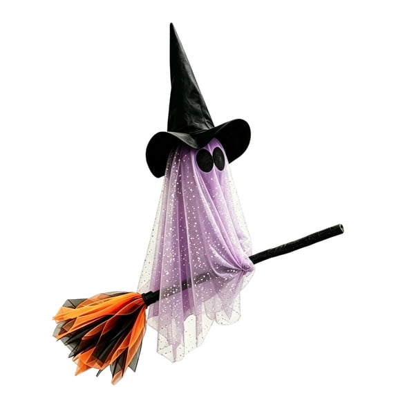 Halloween Hanging Witch Broom Ghost Porch Decor Button Battery Light Spooky Holiday Party Prop for Front Door Window Wall Display Gift