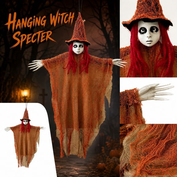 Halloween Hanging Witch Decoration, 39 Inch Red Hair Orange Robe Hanging Ornament, for Porch Door Yard Haunted House Halloween Party Decor