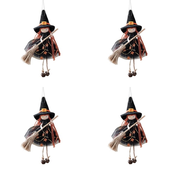 Halloween Hanging Witch Doll Set of 4 Small Sorceress with Broom Gauze Skirt Kitchen Witch Ornament for Good Luck Wall Door Window Room Decor