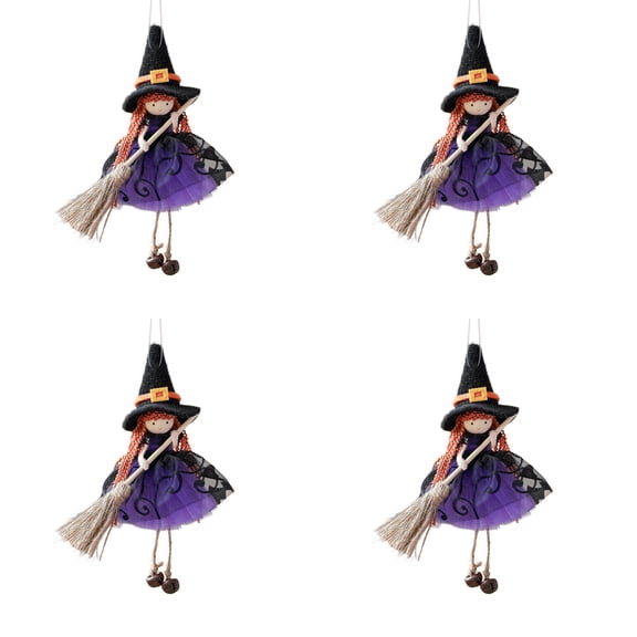 Halloween Hanging Witch Doll Set of 4 Small Sorceress with Broom Gauze Skirt Kitchen Witch Ornament for Good Luck Wall Door Window Room Decor