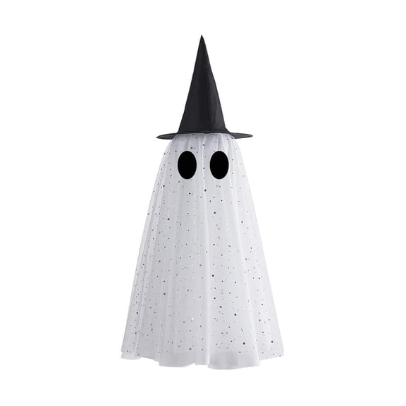 Halloween Hanging Witch Ghost Decoration 1 Piece Fabric Pendant Figure with Pointed Hat Sheer Drape and Round Eyes