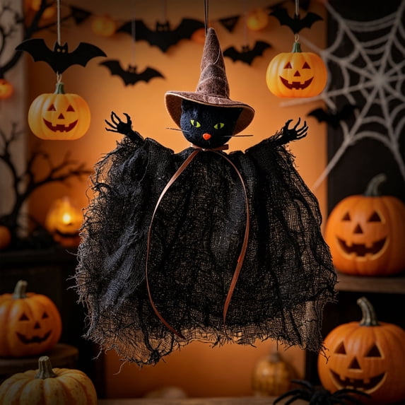 Halloween Hanging Witch Ornaments, Burlap Mesh Ghost Pumpkin Black Cat Pendant Spooky Fabric Decor For Window Mantel Tree Indoor Party Wall Display