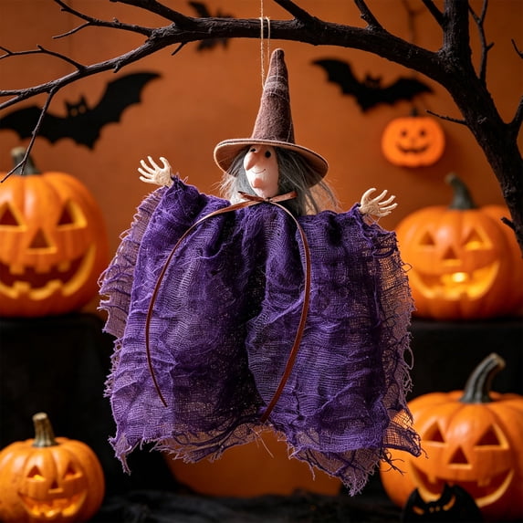 Halloween Hanging Witch Ornaments, Burlap Mesh Ghost Pumpkin Black Cat Pendant Spooky Fabric Decor For Window Mantel Tree Indoor Party Wall Display