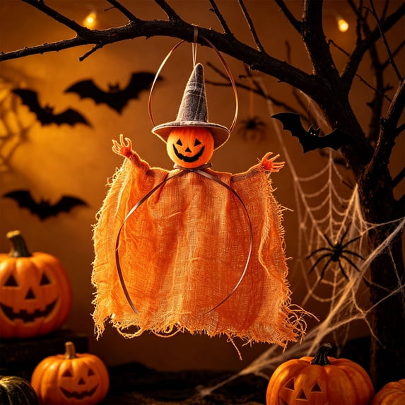 Halloween Hanging Witch Ornaments, Burlap Mesh Ghost Pumpkin Black Cat Pendant Spooky Fabric Decor For Window Mantel Tree Indoor Party Wall Display