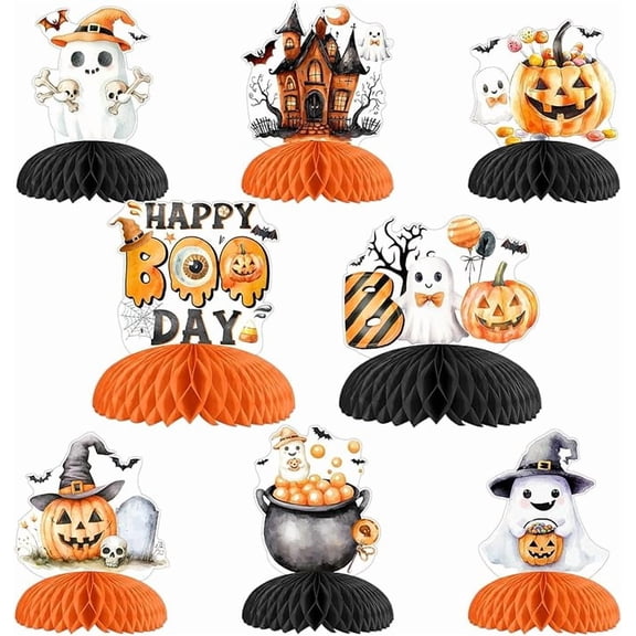 Halloween Happy Boo Day Decorations, 8pcs Happy Boo Day Honeycomb Centerpiece Ghost Pumpkin Bat Orange Black Table Topper Decor for Boy Girl Spooky Ghost Halloween Birthday Party