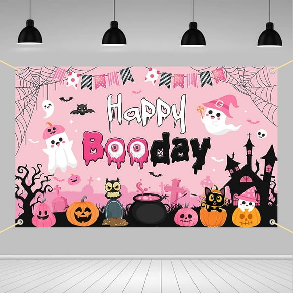 Halloween Happy Booday Backdrop for Girls Pink Boo Birthday Photography Background 70.8 x 43.3 inch