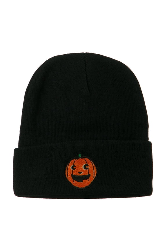 Halloween Happy Pumpkin Face Embroidered Long Beanie - Black OSFM