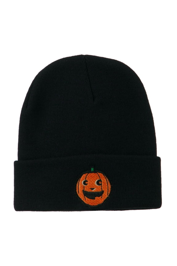 Halloween Happy Pumpkin Face Embroidered Long Beanie - Navy OSFM