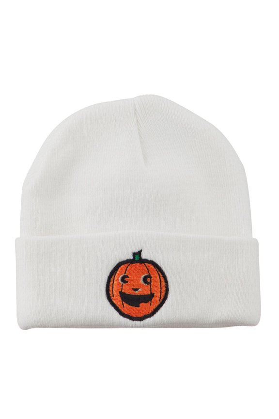 Halloween Happy Pumpkin Face Embroidered Long Beanie - White OSFM