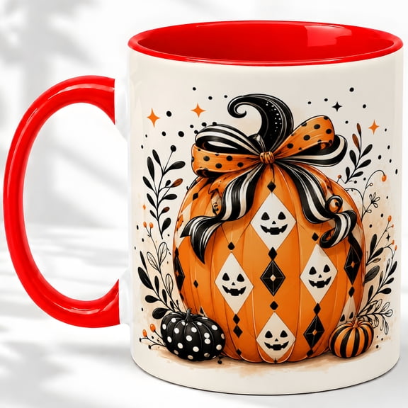 Halloween Harlequin Pumpkin 11oz Ceramic Mug, Striped Bow Design Ceramic mug with orange pumpkin, black and white faces, striped bow, berries, and dark foliage for coffee or tea