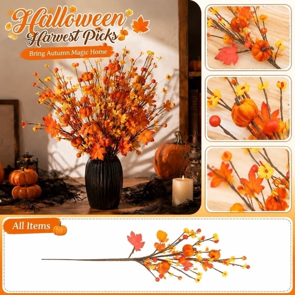 Halloween Harvest Pumpkin Picks - Artificial Maple Leaf and Berry Stems for Fall Floral Arrangement, Thanksgiving Table Centerpiece and Home Party Decor