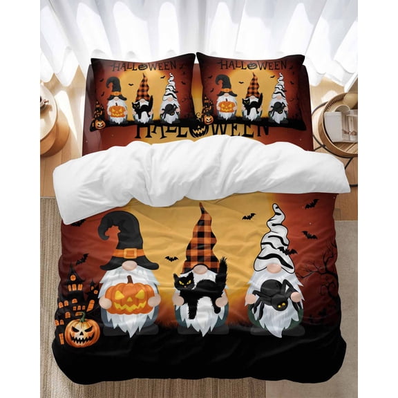 Halloween Hat Bedding Duvet Cover Set Queen Size 4 Pieces Gnome Pumpkin Cat Bug Horror Moon Orange Black Bedding Set with Zipper Closure, 1 Comforter Cover 90x92 Inches 1 Flat Sheet & 2 Pillow Cases