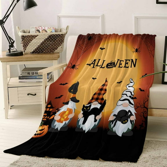 Halloween Hat Gnome Pumpkin Cat Bug Horror Moon Orange Black Throw Flannel Blanket 40x50In Super Soft Cozy Bed Blanket, Lightweight Plush Fuzzy Bed Throw for Bedroom Sofa Couch Living Room