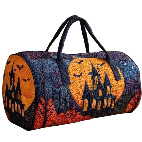 Halloween Haunted Castle Bat Quilted Duffle Bag Women Large Capacity Weekend Travel Handbag Waterproof Overnight Carry Bag