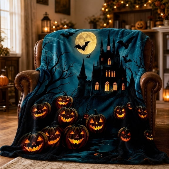 Halloween Haunted Castle Flannel Throw Blanket, Spooky Pumpkin Soft Fleece Bed Couch Cover, Cozy Decorative Sofa Blanket, Horror Holiday Home Decor, Fall Party Gift