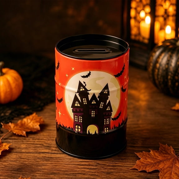 Halloween Haunted Castle Metal Storage Tin Coin Bank,Dual-Purpose Desktop Decor and Novelty Gift for Home,Office,Desk,Shelf,4.7x3.8 in