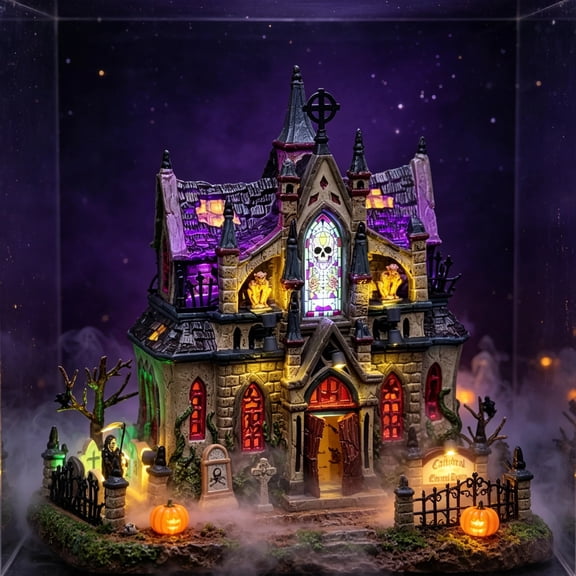 Halloween Haunted Cathedral Resin Figurine, LED Hand-Painted Mini Halloween Village House, Tabletop Spooky Decor Gift for Collectors
