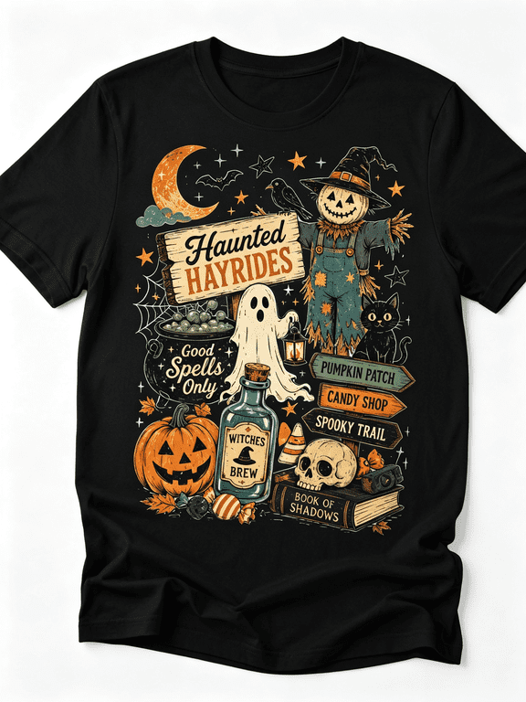 Halloween Haunted Hayrides T-Shirt, Spooky Ghost Scarecrow Black Cat Pumpkin Witches Brew Graphic Tee