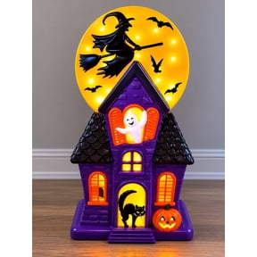 Halloween Haunted House Blow Mold Light - Crackr Pre-Lit Resin Spooky Mansion with Glowing Witch Moon, Barrl Retro Halloween Decorations