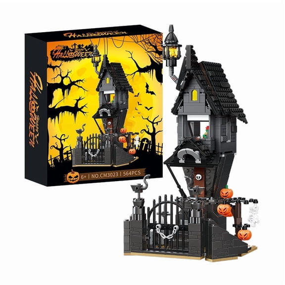 Halloween Haunted House Building Block Set, 564PCS Spooky Castle Model with Pumpkins & Skeleton Fence, Horror Theme Scary Night Decoration, STEM Toy Gift for Kids Adults