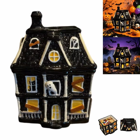 Halloween Haunted House Candy Jar, Spooky Ghost House Cookie Storage Bucket with Ghost & Boarded Window Design, Decorative Snack Container Halloween Kitchen Tabletop Decor Gift, Black