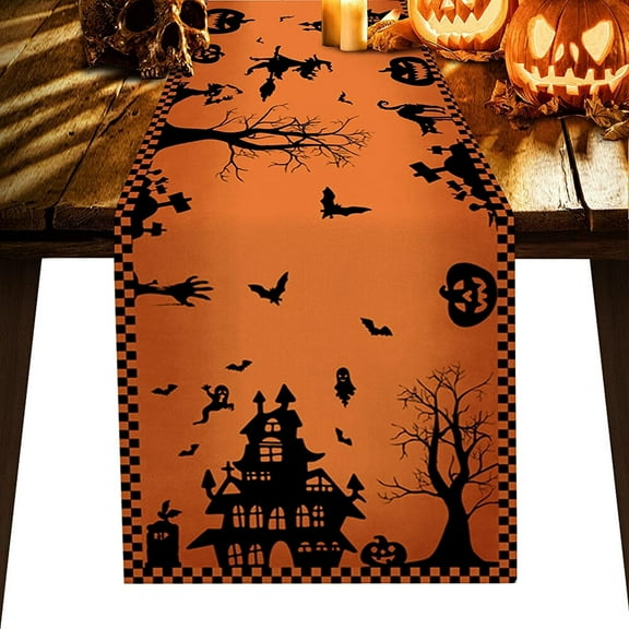 Halloween Haunted House Ghost Pumpkin Linen Table Runner for Holiday Farmhouse Dinner Decor 13x72 inch
