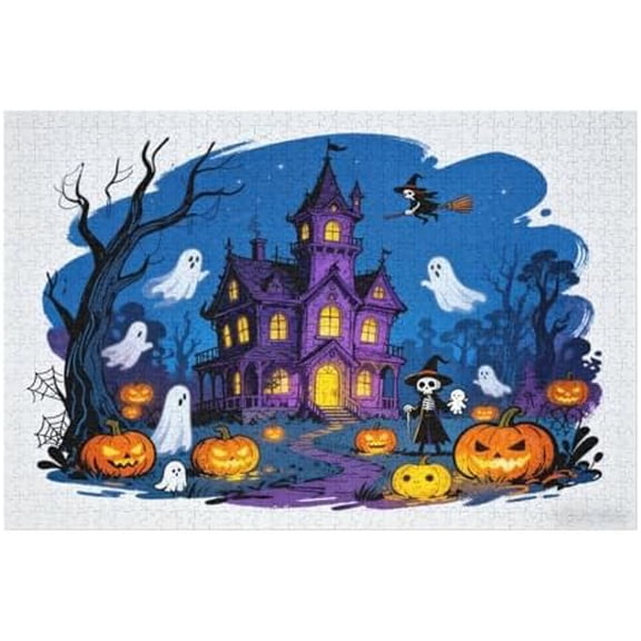 Halloween Haunted House Jigsaw Puzzle 500 Pieces, Horror Holiday Night Scene Puzzle for Adults, Challenging Party Game Gift Home Decor 20.5x15 in