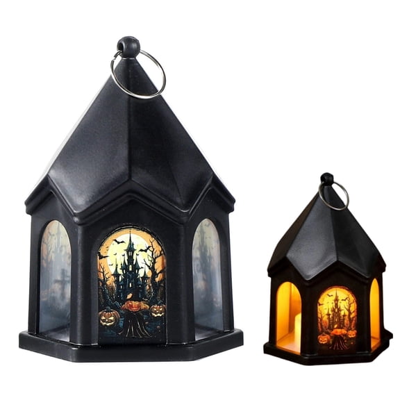 Halloween Haunted House LED Lantern, Black Hexagon Castle Witch Pumpkin Light Up Wind Lamp, Spooky Hanging & Tabletop Ornament, Tiered Tray Mantel Shelf Indoor Party Decor, Halloween Holiday Gift