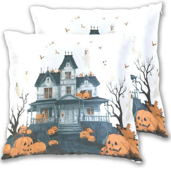 Halloween Haunted House Pumpkin Flying Specter Throw Pillow Covers Pillowcases 16 x 16 Inch Home Decor 2 Packs for Bedroom Sofa