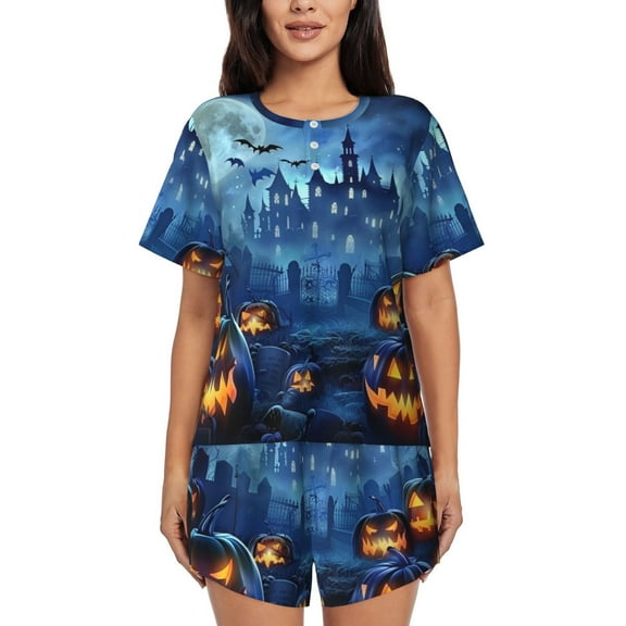 Halloween Haunted House Scary Pumpkin (2) Womens Pajamas Short Set Soft Short Sleeve Sleepwear Button Down Pjs Set with Pockets S XXL 4x Large