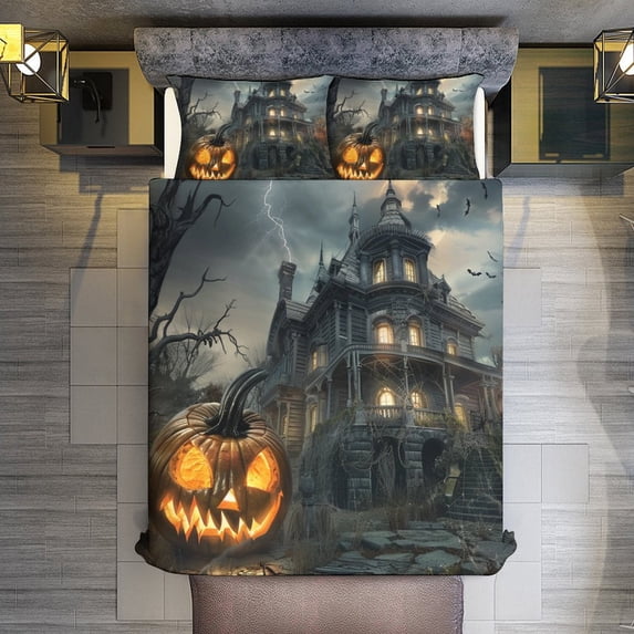 Halloween Haunted House Scary Pumpkin Quilt Cover Set Fashionable Printed Bedding Covers with Pillowcase Home Textiles, Full (79"x91")