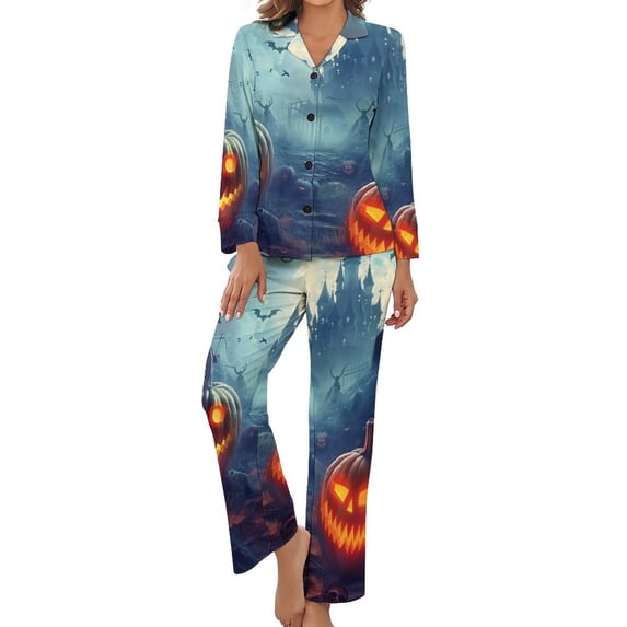 Halloween Haunted House Scary Pumpkin Women's Long Sleeve Flannel Pajama Set Sleepwear XL